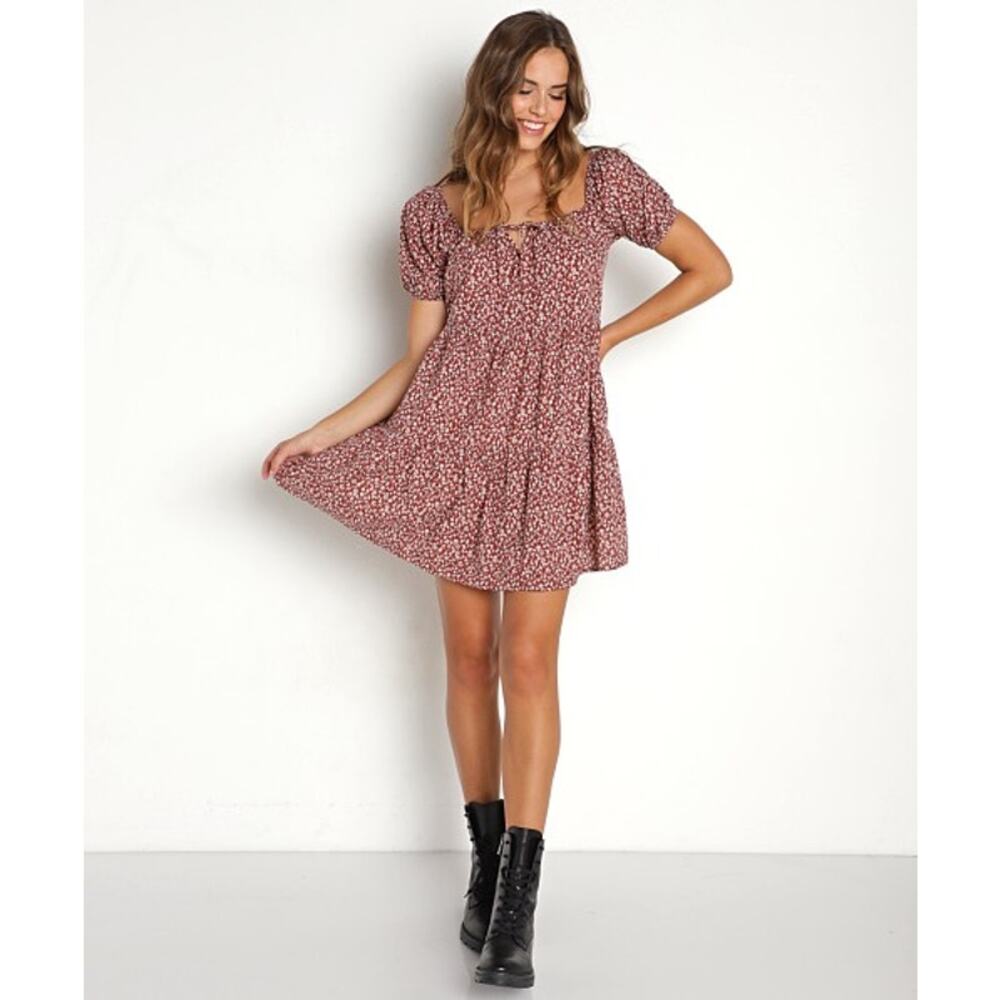 LACAUSA Playa Mushroom Babydoll Mini Dress Brown NWT M